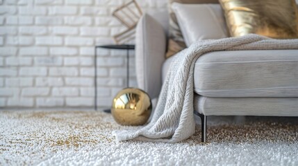 Carpet close up style modern background sofa and gold object with pillow blanket white brick wall : Generative AI