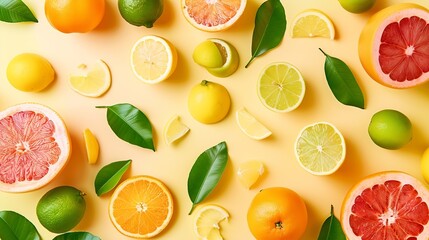 Poster - Creative background made of summer tropical fruits with leaves grapefruit orange tangerine lemon lime on pastel yellow background Food concept Flat lay top view copy space : Generative AI