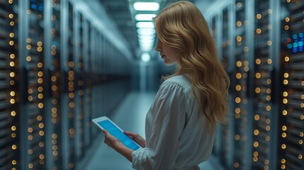 Aufkleber - A professional female analyst carefully examines a variety of data in the data center, checking the information in her tablet, ensuring their effective storage and protection.