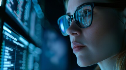 Poster - The data processing professional learns new technologies and analysis methods to optimize the infrastructure in the data center. Close-up of woman in glasses