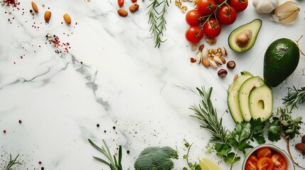 Poster - Creative flat lay with healthy vegetarian meal ingredients and white marble cutting board Raw food concept with copy space A variety of organic fruits nuts vegetables with avocado Vega : Generative AI