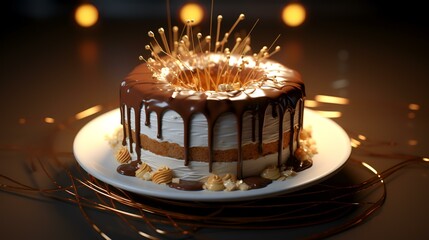 Poster - Chocolate cake on a white plate with golden lights on the background