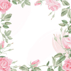 Wall Mural - watercolor pink rose flower bouquet wreath frame background