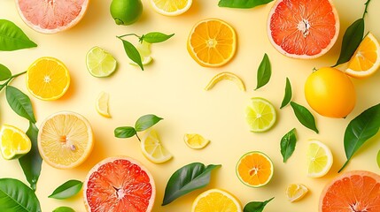 Poster - Creative background made of summer tropical fruits with leaves grapefruit orange tangerine lemon lime on pastel yellow background Food concept Flat lay top view copy space : Generative AI