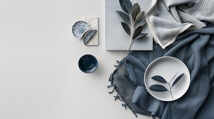 Wall Mural - Aesthetic  flat lay composition in grey and navy color palette with textile and paint samples lamella panels leaves and tiles Architect and interior designer moodboard Top view Copy sp : Generative AI