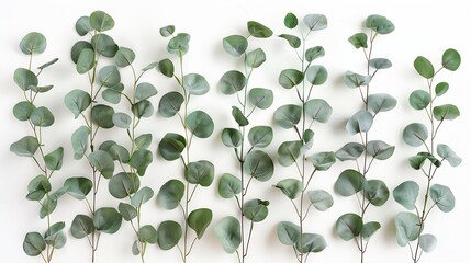 Poster - Green eucalyptus branches on a white background Flat lay top view : Generative AI