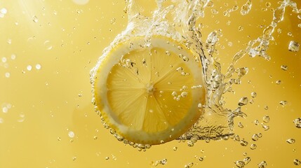 Poster - Slice of lemon underwater or in water with splashing and droplet top view flat lay on yellow background copy space : Generative AI