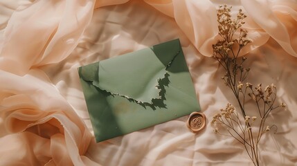 Poster - Ripped sheet of paper silk ribbon green envelope with wax seal dried flowers on pastel beige background Wedding invitation card template Flat lay top view copy space : Generative AI