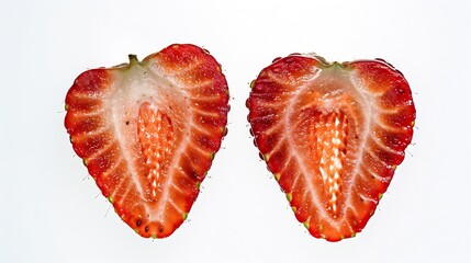 Wall Mural - Top view of fresh red strawberries slice isolated on white background Summer berries textured background Flat lay Macro shot of strawberry cut in a half : Generative AI