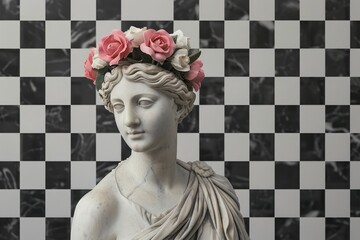 Abstract contemporary y2k black and white checkered background with classic Antique marble woman goddess greek Statue in modern style. Sculpture of a girl with wreath of pink flowers on her head