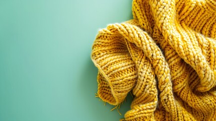 Aufkleber - yellow largeknit blanket on a light green background autumn warm concept copy space top view flat lay : Generative AI