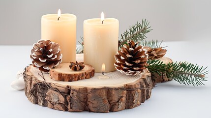 Poster - Christmas candles wood slice decorations pine cone on white background : Generative AI