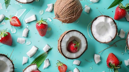 Wall Mural - Creative layout made of coconuts and strawberry Flat lay Food concept : Generative AI