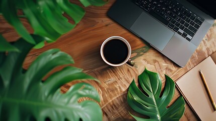 Poster - Flat lay top view office table desk Workspace with laptopoffice supplies pencil green leaf and coffee cup on wood background : Generative AI