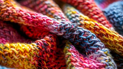 Aufkleber - Colored plaid from different yarns Knitted texture woolen product homework hobbies knitting needlework Closeup background : Generative AI