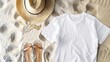 © Generative AI - Sand beach texture background Mockup white summer tshirt copy space Blank template woman shirt Top view Summertime accessories hat jeans sandals Flatlay closeup tshirt seashore Beachti : Generative AI