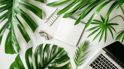 Aufkleber - Home office workspace with laptop palm leaf and accessories Flat lay top view : Generative AI