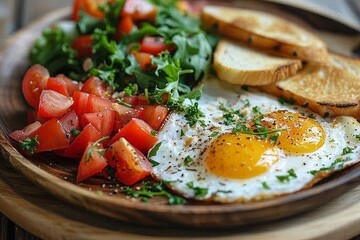 Wall Mural - Breakfast plate, fried egg with fresh vegetables and herbs