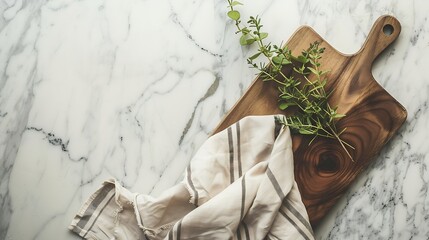 Aufkleber - Wood cutting board with linen napkin and plant on marble table with copy space top view : Generative AI