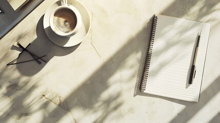 Aufkleber - Top view business office desk with blank notepad office supplies and coffee Flat lay workspace with sunny light and copy space : Generative AI