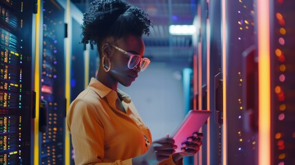 Poster - Female Internet technician with tablet in data center focuses on analyzing and improving data security systems, ensuring they work optimally in the changing Internet environment.