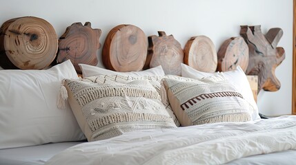 Aufkleber - Rustic bedroom interior design with pillows on bed and decorative wood bed closeup : Generative AI