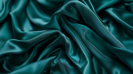 Poster - Dark teal green silk satin Shiny smooth fabric Soft folds Luxury background with space for design web banner Flat lay top view table Birthday Christmas Valentine New year : Generative AI