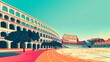 A panoramic view of a stadium built around a historic monument, with a focus on the contrast between the ancient structure and the contemporary stadium architecture, illustrated in vibrant, contrastin