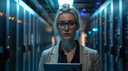 Poster - A female analyst uses advanced data processing techniques to identify and analyze potential security threats in the data center.