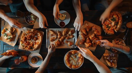 Friends eating pizza chicken wings and other fast food at black wooden table top view : Generative AI