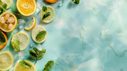 Aufkleber - Citrus slices and mint herbs frame on retro mint pastel background with copyspace from above Top view of lemon and orange refreshment Summer fruit smoothie minimal banner design : Generative AI