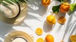 Summer fashion flat lay with straw hat lemons and oranges on white background Palm shadow sun sunlight Holiday party vacation travel tropical concept Flat lay top view copy space : Generative AI
