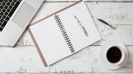 Poster - Blank notebook with pen are on top of wood office desk table with laptop computer cup of coffee and supplies Top view with copy space flat lay : Generative AI