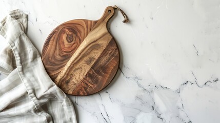 Poster - Empty wooden cutting board with napkin on white stone kitchen table top view flat lay Wooden platter copy space : Generative AI