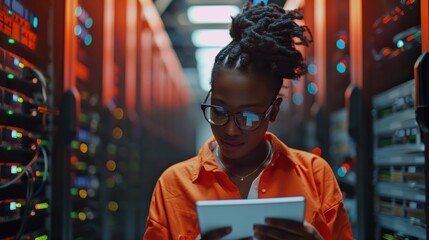 Poster - A technician uses a tablet to improve the processes of analyzing and verifying the effectiveness of data protection measures in the data center. A woman of African-American appearance.