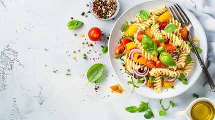 Poster - Plate and bowl with tasty pasta salad and ingredients on light background : Generative AI