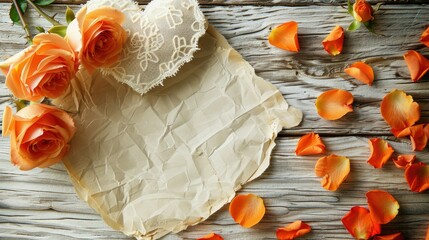 Wall Mural - A festive background for occasions like birthdays engagements Valentine s Day or Mother s Day consists of orange roses a heart crafted from delicate lace and scattered rose petals arranged 