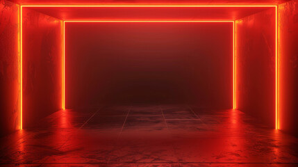 Wall Mural - Red neon rectangular frame glowing intensely in a dark room.