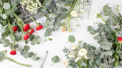 Aufkleber - Eucalyptus and ranunculus flower laptop keyboard pen grey copybook with paper mockup on white table top view Plants in home office Feminine floral desktop : Generative AI