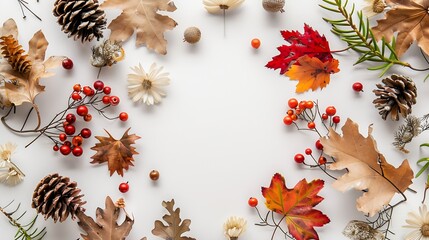 Aufkleber - Autumn floral background oak leaves cones flowers berries arranged in frame on white background copy space : Generative AI