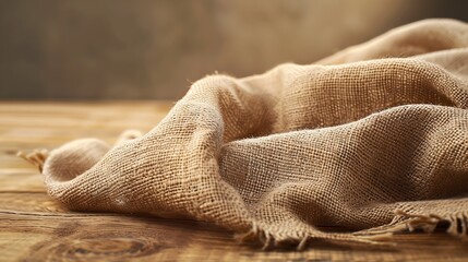 Aufkleber - Burlap fabric cloth on brown wooden kitchen table with copy space : Generative AI