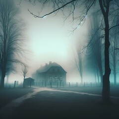 Poster - AI generated illustration of an abandoned building or park during a foggy morning