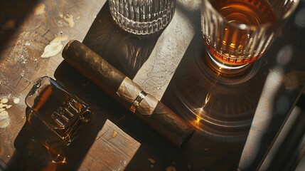 Poster - flat lay cognac cigar with copy space Resolution and high quality beautiful photo : Generative AI
