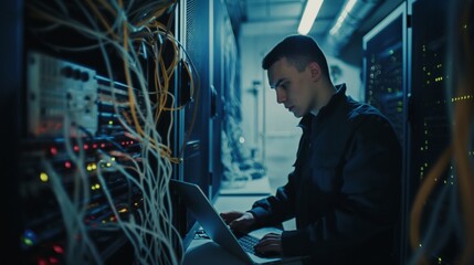 Poster - A professional IT technician carefully configures servers and computer communication, ensuring the smooth operation of the system in an office environment.