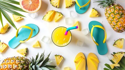 Tropical summer vacation concept with pineapple juice and flip flops organized on white background View from above Flat lay : Generative AI