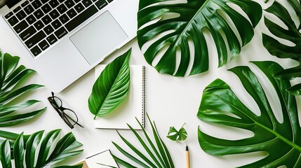 Aufkleber - Home office workspace with laptop palm leaf notebook and accessories Flat lay top view : Generative AI