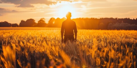 Wall Mural - A man stands in a field of tall golden grass