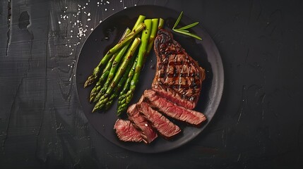 Poster - Medium rare grilled Tomahawk beef steak with asparagus Flat lay : Generative AI