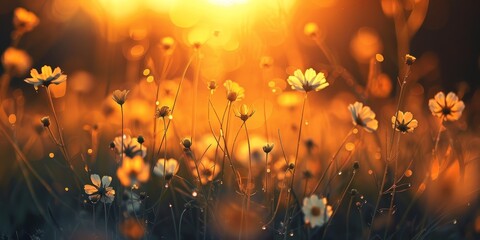 Canvas Print - A field of flowers with the sun shining on them