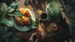 Breakfast with croissants leaves cutting board and black coffee composition with girl hand on wooden retro background Flat lay top view : Generative AI